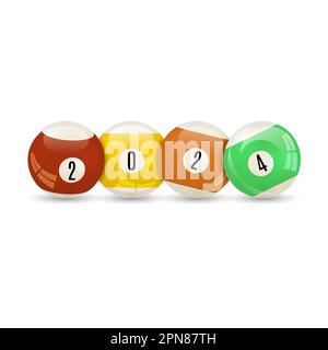 Set of 3D glossy snooker balls with text 2024 and shadow, vector illustration. Stock Vector