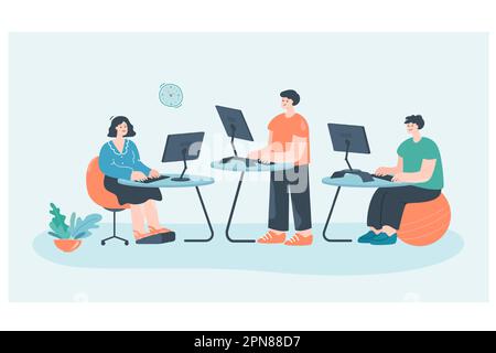 Work of employees on ergonomic modern office workplace Stock Vector
