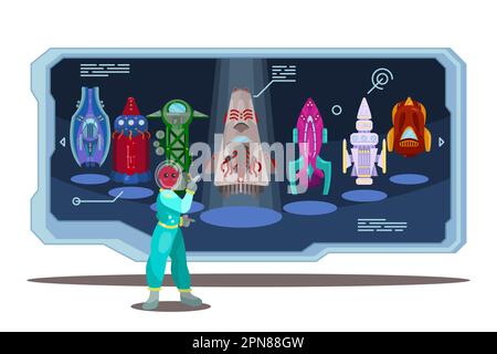 Alien in spacesuit showing rockets cartoon illustration Stock Vector