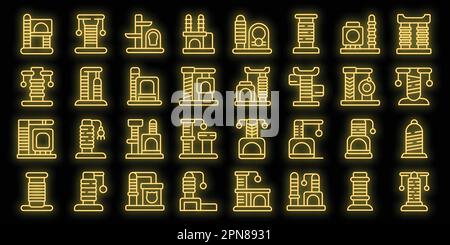 Cats scratching post icons set outline vector. Tree tower. Play furniture neon color on black Stock Vector