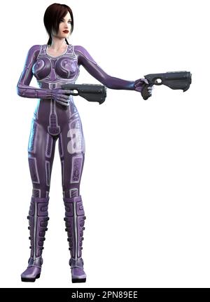 futuristic woman in uniform, armed with guns, 3d illustration Stock Photo