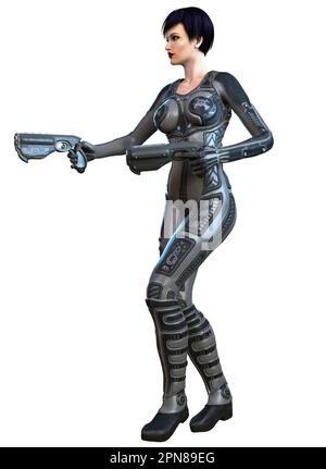 futuristic woman in uniform, armed with guns, 3d illustration Stock Photo