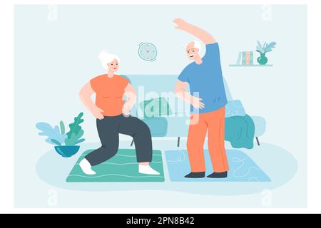 Elderly couple doing exercises at home flat vector illustration Stock Vector