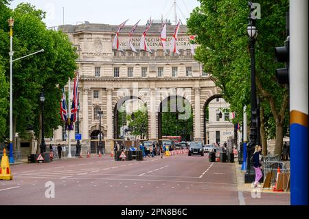 LONDON - May 18, 2022: Admiralty Arch in London adorned with white ensign flags and Union Jacks for Platinum Jubilee celebrations and festive British Stock Photo