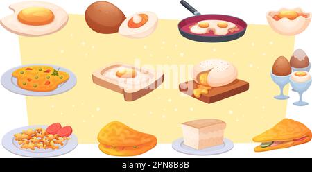 Cooking eggs. Fried products for dinner breakfast exact vector eggs illustrations in cartoon style Stock Vector
