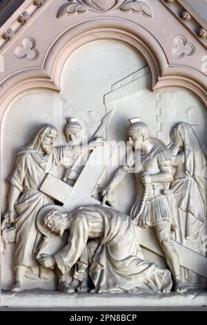 Auxerre Cathedral.  Passion of Christ. Way of the cross. 3rd Station: Jesus falls the first time.  Auxerre. France. Stock Photo