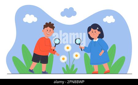 Children biologists looking through magnifying glasses at flower Stock Vector