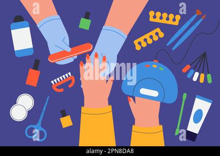 Top view of customers hands during nail and manicure procedure Stock Vector