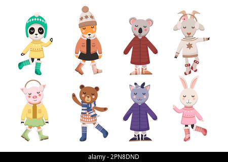 Cute animals in winter outwear clothes vector set Stock Vector