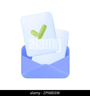 Documents with checkmarks in blue envelope 3D icon Stock Vector
