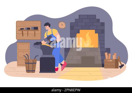 Blacksmith working on anvil flat vector illustration Stock Vector