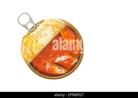 Open tin can with fish in tomato on white background Stock Photo
