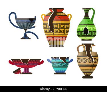 Broken ancient porcelain vases with patterns vector set Stock Vector