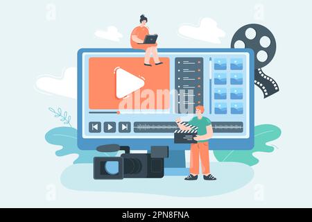 Tiny people editing footage on huge computer Stock Vector