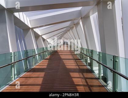 Interior of twisting helix design of Dubai Water Canal bridge over the waterway Stock Photo