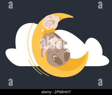 Cute comic bunny sleeping on crescent moon cartoon illustration Stock Vector