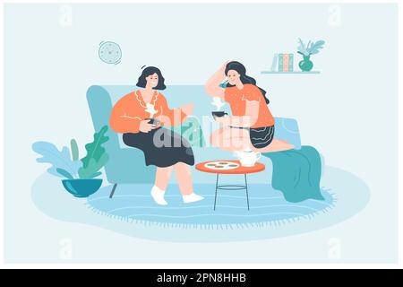 Girls sitting on sofa and drinking tea flat vector illustration Stock Vector