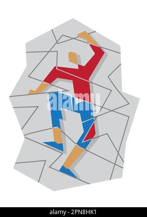 Mountaineer on a rock wall. Geometric stylized Illustration of climber. Isolated on white background. Vector available. Stock Vector