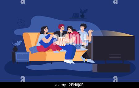 Friends watching horror at home flat vector illustration Stock Vector