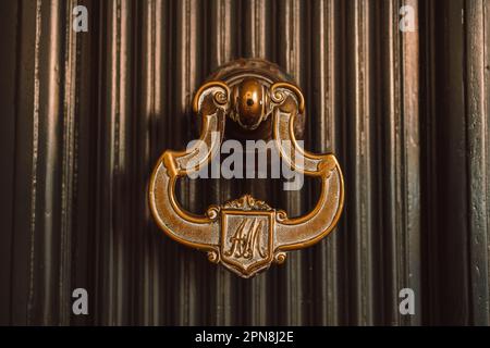 Luxurious wooden door with golden knocker. High quality photo Stock Photo