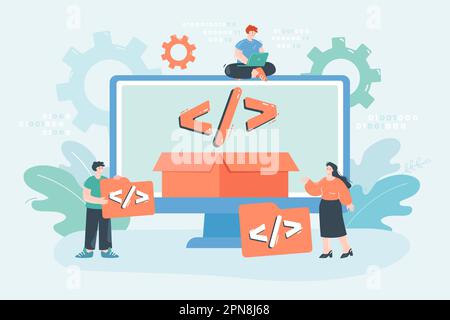 Tiny developer using platform for writing codes for website Stock Vector