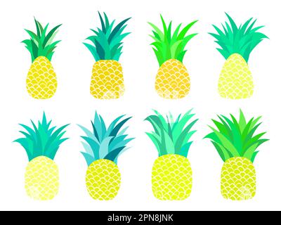 Pineapple set isolated on white background. Yellow pineapples with green leaves, tropical fruit. Icon design for banners, print and promotional produc Stock Vector