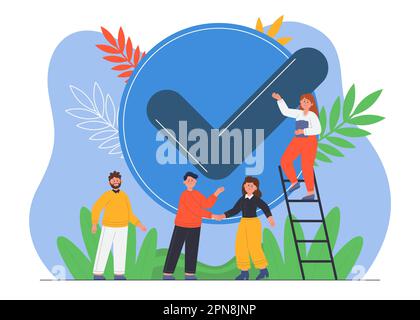 Tiny people in background of checkmark sign Stock Vector