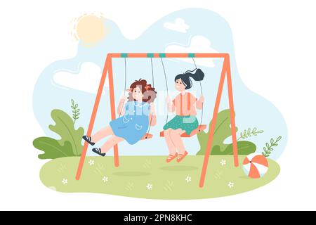 Cute cartoon girls swinging on swings on playground Stock Vector