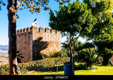 Bloody tower and castle courtyard gardens. Jerez de los Caballeros, Badajoz, Extremadura, Spain, Europe Stock Photo