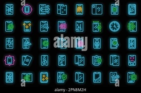 Protective glass for smartphone icons set outline vector. Glass crack. Broken screen neon color on black Stock Vector