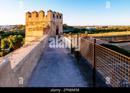 Chemin de ronde of the Alcazaba of Badajoz. The chemin de ronde was devised as a walkway allowing defenders to patrol the tops of ramparts, protected Stock Photo