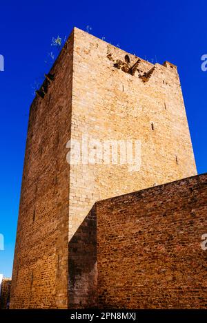 Detail of the keep. Olivenza Castle. It occupies the site of an old Templar fortress from the 13th century. In 1334, King Afonso IV began the construc Stock Photo
