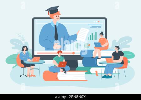 Tiny college students watching webinar on big computer screen Stock Vector