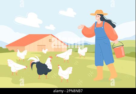 Female farmer feeding chickens flat vector character. Poultry backyard ...