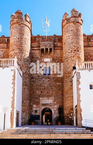 The Palace of the Dukes of Feria, Palacio de los Duques de Feria, or the Castle of Zafra is a Gothic castle in Zafra, 1443. On June 3, 1931, it was de Stock Photo