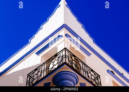 Corner of building painted in white and blue. Zafra, Badajoz, Extremadura, Spain, Europe Stock Photo