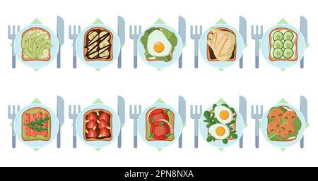 Toasts on plates with cutlery vector illustrations set Stock Vector