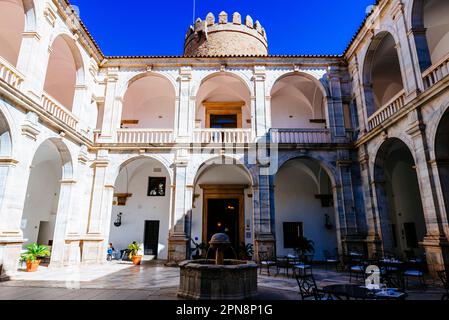 Inner courtyard. Palace of the Dukes of Feria, Palacio de los Duques de Feria, or the Castle of Zafra is a Gothic castle in Zafra. Declared a historic Stock Photo