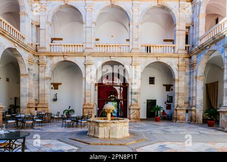 Inner courtyard. Palace of the Dukes of Feria, Palacio de los Duques de Feria, or the Castle of Zafra is a Gothic castle in Zafra. Declared a historic Stock Photo