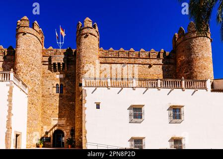 The Palace of the Dukes of Feria, Palacio de los Duques de Feria, or the Castle of Zafra is a Gothic castle in Zafra, 1443. On June 3, 1931, it was de Stock Photo