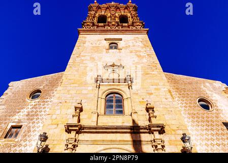 Main facade of the Church of San Miguel Arcángel is a Catholic temple in the Baroque style. Jerez de los Caballeros, Badajoz, Extremadura, Spain, Euro Stock Photo