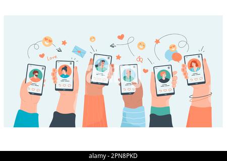Hands of millennials holding phones with social media profiles Stock Vector