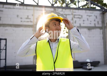 Concentrated engineer in safety vest at construction site wearing a hard helmet hat. Young professional foreman working on structure building at workplace - with copy space Stock Photo