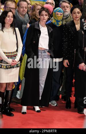 Kristen Stewart photographed attending the Demonstration of Solidarity with Ukraine on the Red Carpet during the Berlin International Film Festival at Berlinale Palast in Berlin, Germany on 24 February 2023 . Picture by Julie Edwards. Stock Photo