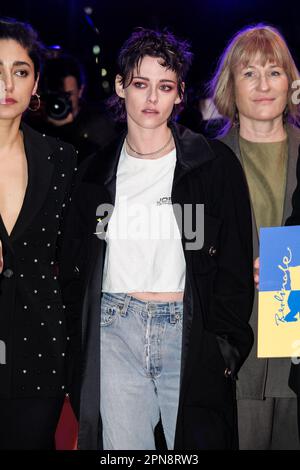 Kristen Stewart photographed attending the Demonstration of Solidarity with Ukraine on the Red Carpet during the Berlin International Film Festival at Berlinale Palast in Berlin, Germany on 24 February 2023 . Picture by Julie Edwards. Stock Photo