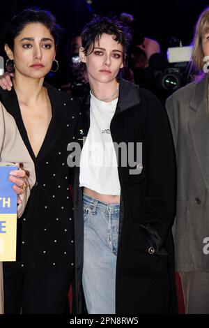 Kristen Stewart photographed attending the Demonstration of Solidarity with Ukraine on the Red Carpet during the Berlin International Film Festival at Berlinale Palast in Berlin, Germany on 24 February 2023 . Picture by Julie Edwards. Stock Photo