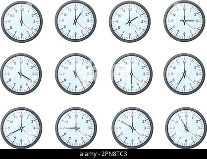 Clock different time. Various hours measurements on clocks face, office watches display showing world times zone one two twelve midnight hour watch numbers neat vector illustration Stock Vector