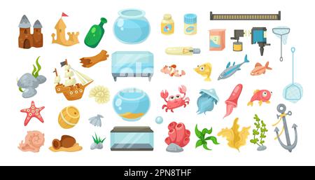 Aquarium fishes and equipment vector illustrations set Stock Vector