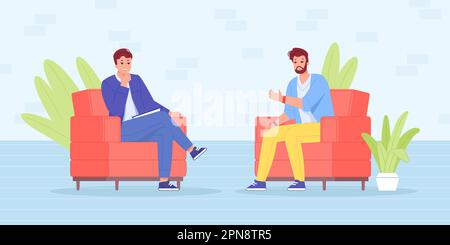 Tv interview with celebrity. Interviewee famous guest sitting on sofa chair of late night show, professional conducting interviews stars personality, vector illustration of interview tv journalist Stock Vector
