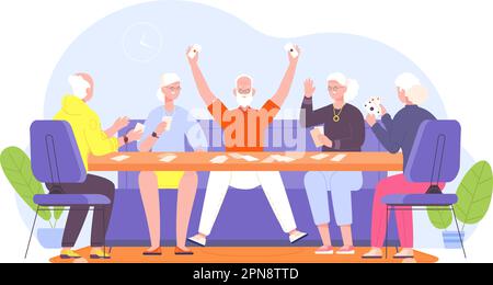 Elderly people playing cards. Older retirement friends play in card table game, senior gambler home relax entertainment old man friendship, vector illustration of older together pensioner cartoon Stock Vector